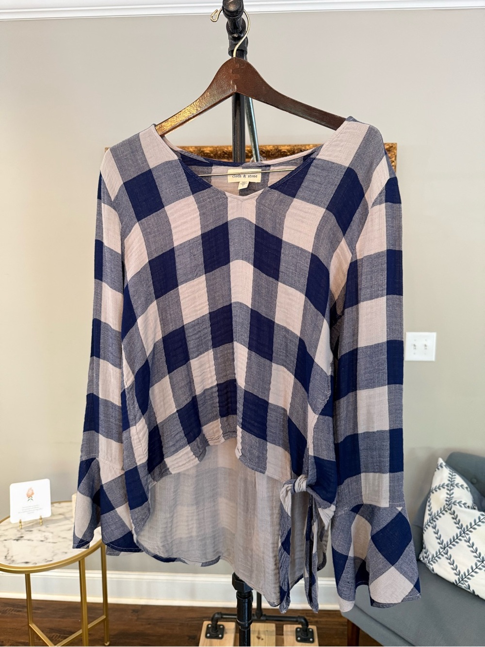 cloth & stone Navy and Cream Plaid Tie-Side Tunic